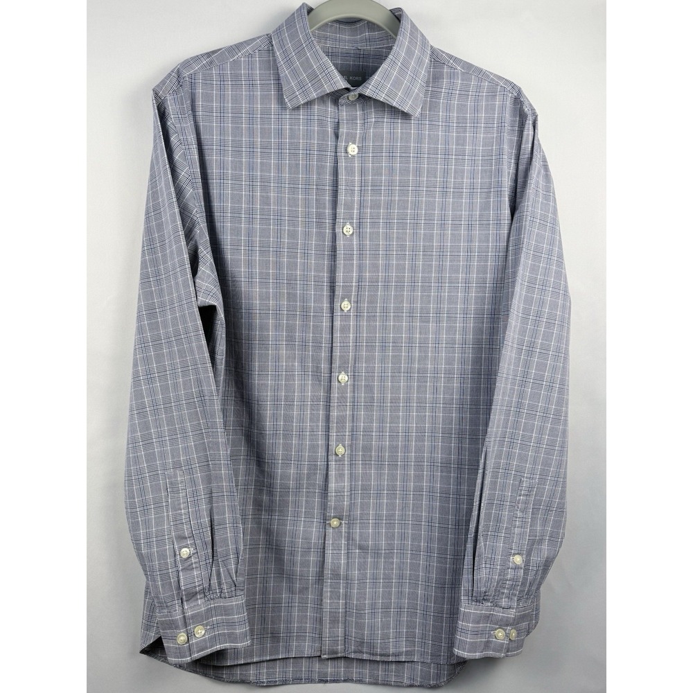 Michael Kors Men's L 16.5 34/35 Slim Fit Blue Gray Plaid Long Sleeve Dress Shirt